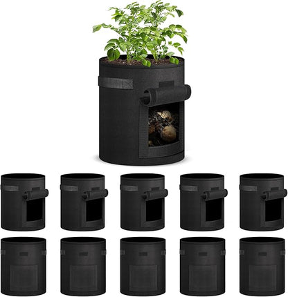 iPower GLGROWBAGWINDOW7X5X2 10-Pack 7-Gallon Potato Grow Bags Pots with Handle, Thickened Non-Woven Aeration Fabric Container, Access, 7 Gallon, Flap and Velcro Window, Easy to Harvest