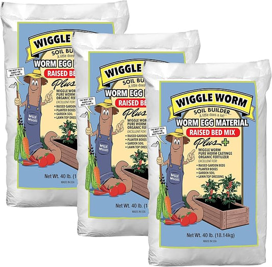 Raised Bed Mix, 40lbs - Organic Soil and Fertilizer for Container Gardening - Worm Egg Material Mixed with Odor Free Pure Worm Castings, Pack of 3