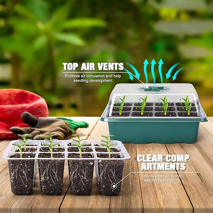 Delxo 10-Pack Seed Starter Kit Seedling Starter Tray (12 Cells) Humidity Adjustable Plant Germination Kit Garden Seed Starting Tray with Dome and Green Base Plus Plant Tags Hand Tool Kit