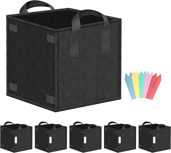 YSSOA Square Grow Bags 5 Pack 5 Gallon Heavy Duty, Thick Nonwoven Fabric Pots Cubic with Handles and Plant Stake Loops, Aeration Reusable for Garden Growing Fruits, Vegetables and Flowers, Black