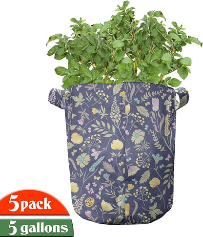 Lunarable Garden Grow Bags 5-Pack, Herbs Leaves Petals, Heavyduty Fabric Pots with Handles for Plants, Purple Yellow