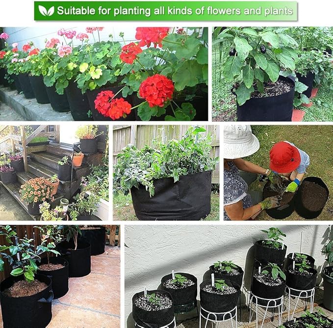 Aeration Planting Pot, 7Gallon/10Gallon Round Planting Grow Bags Aeration Fabric Pots with Handles Garden Potato Vegetable Flower Root Container Bonsai Pot (5Pack-10GAL)