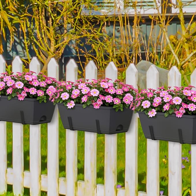 CADUKE 4 Pack Railing Planter Box Grey Window Flower Boxes with Brackets Hanging Fence Planters Plastic Outdoor Deck Railing Planter Boxes for Balcony Patio Garden