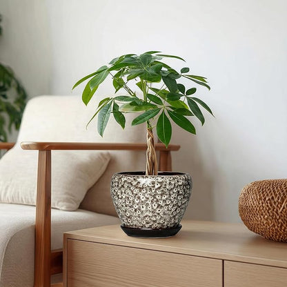 6 Inch Pots for Plants - Ceramic Plant Pots with Drainage Hole and Saucer, Round Planters for Indoor Plants Outdoor, Decorative Planter, Home Decor, Gifts for Plant Lovers, White Leopard