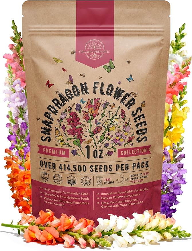 Snapdragon Flower Seeds Pack 1 oz - Over 414,500 Non-GMO Heirloom Snapdragon Seeds for Planting Indoor & Outdoor Gardening, Flower Seed for Home and Garden in Individual Packet, Floral Perennial Mix