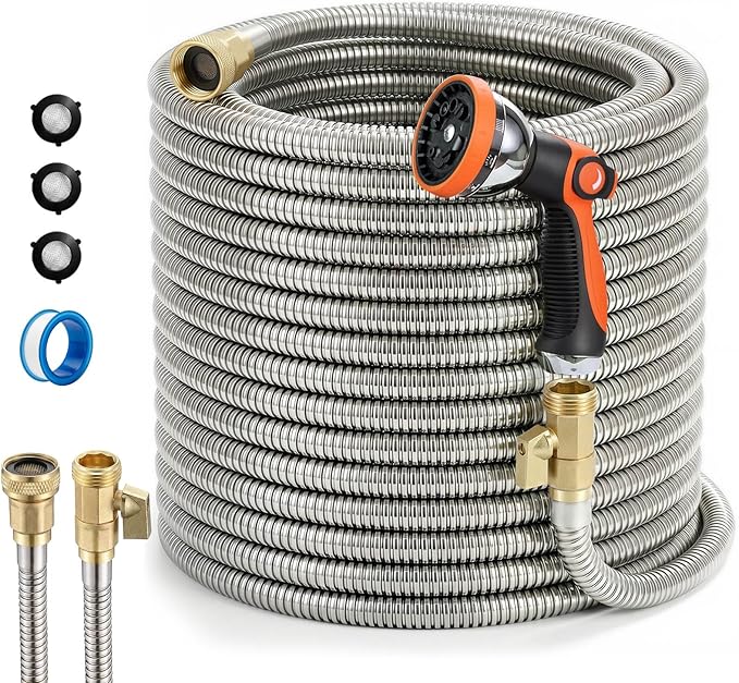 Garden Hose, 50ft 5/8" Stainless Steel Water Hose w/ 10-Mode Spray Nozzle, On/Off Valve, 523 PSI Burst, Anti-Kink, Lightweight All-Weather Flexible, Leakproof 3/4" Brass Male to Female Fittings