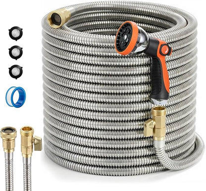 Garden Hose, 50ft 5/8" Stainless Steel Water Hose w/ 10-Mode Spray Nozzle, On/Off Valve, 523 PSI Burst, Anti-Kink, Lightweight All-Weather Flexible, Leakproof 3/4" Brass Male to Female Fittings