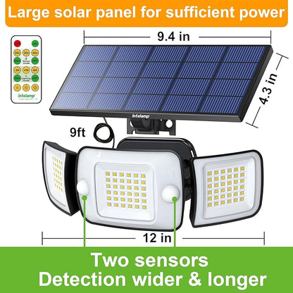 intelamp Solar Lights Outdoor, 3 Head Solar MotionSensor Lights for Outside, lP65 Waterproof,Separate Panel with 9FT Cable RemoteControl Wall Lights