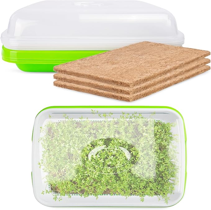 Microgreens Growing Trays with Lids and Coconut Fiber Mat,Seed Sprouter Tray with Drain Holes,Seed Starter Tray Reusable,Microgreens Growing Trays,Cat Grass Growing Kit for Indoor Cats (Pack 3)