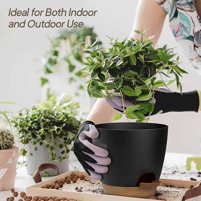 Black Self Watering Pots 5 Pack, Indoor and Outdoor Plant Pots with Wick Rope & Drainage Holes, Easy Watering Lip, Lightweight Plastic Self Watering Planter for Succulents, Houseplants, and Herbs