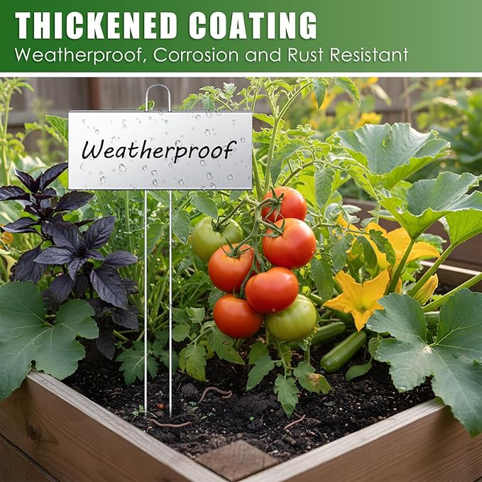 Landhoow 12 Pcs Large Garden Plant Markers Metal Plant Labels Sign 10'' x 4'' with 16.5'' Stake Weatherproof Waterproof Garden Sign for Outdoor Seedlings Herbs Vegetable Greenhouse, Silver