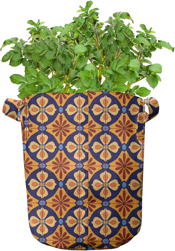 Lunarable Talavera Grow Bags 5-Pack, Mexican Ethnic, Heavyduty Fabric Pots with Handles for Plants, Blue Coffee