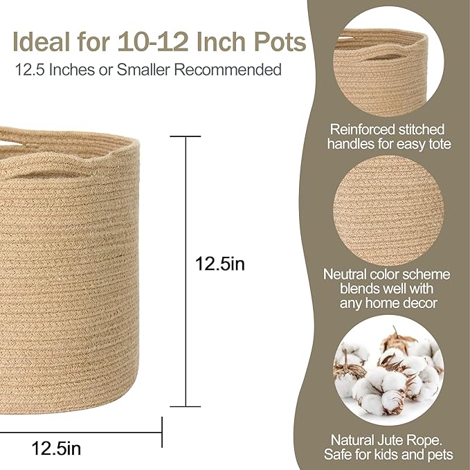 Woven Jute Plant Basket, Wicker Basket Planter for 11 inch Pot, Round Indoor Tree Pot Cover, Small Boho Storage Bin Organizer, Rustic Planter and Home Decor, 12.5” x 12.5”