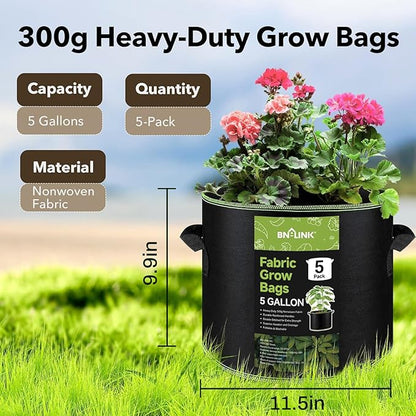 BN-LINK 10-Pack 5 Gallon Grow Bags, Heavy Duty Aeration Fabric Pots with Handles, Thickened Nonwoven Plant Bags for Vegetables, Flowers, Fruits
