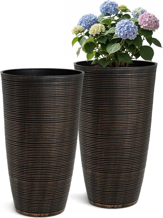 23.5"H Tall Pot Planters, 2-Pack Taper Large Flower Pots for Indoor Outdoor Use, UV-Protect PP Plant Container for Garden Patio Yard Balcony Porch or Home Decor, Bronze Vertical Stripes Texture