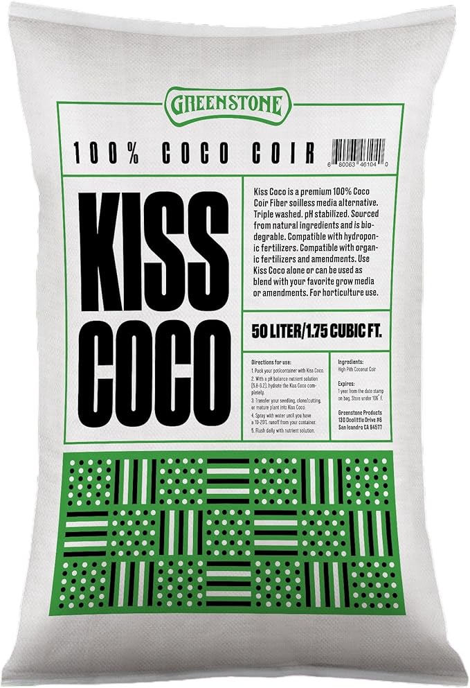 Greenstone Kiss Coco Coir Soil 100% - Low EC, RHP Certified Premium Soilless Media Alternative (50 Liters / 1.77 Cu Ft)