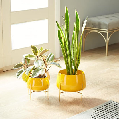 Deco 79 Metal Indoor Outdoor Planter Small Planter Pot with Removable Stand, Set of 2 Planters 8", 10"H, Yellow