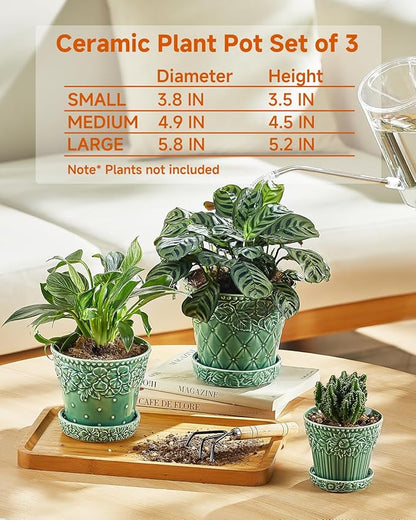 Ceramic Plant Pots, 3.8+4.9+5.8 Inch, Set of 3 Flower Pots with Drainage Hole & Saucer, Embossed Planter Pots for Indoor Plants, Home Decor, Green