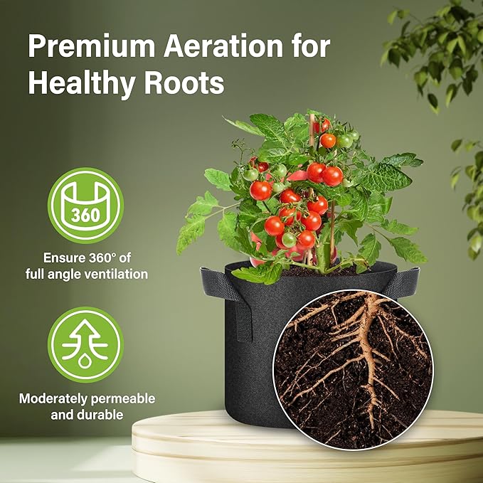HealSmart Plant Grow Bags 3 Gallon, Tomoato Planter Pots 5-Pack with Handles, Aeration Nonwoven Fabric, Heavy Duty Gardening Planter for Vegetable, Herbs and Flowers, Black 2024 Version