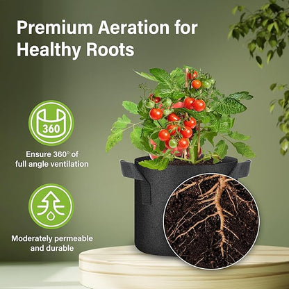 HealSmart Plant Grow Bags 2 Gallon, Tomoato Planter Pots 5-Pack with Handles, Aeration Nonwoven Fabric, Heavy Duty Gardening Planter for Vegetable, Herbs and Flowers, Black 2024 Version