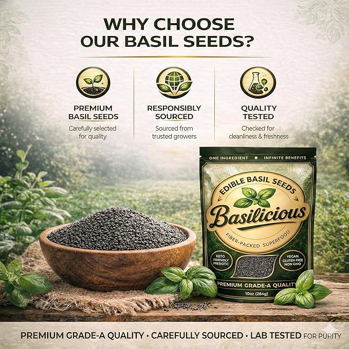 Basilicious Edible Basil Seeds (Sabja, Tukmaria) – High-Fiber Superfood for Hydration & Digestion – Vegan, Gluten-Free, Non-GMO – 10oz Resealable Bag