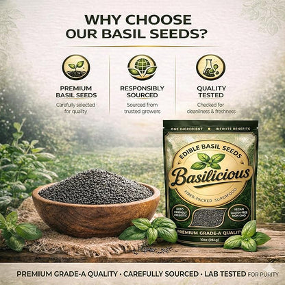 Basilicious Edible Basil Seeds (Sabja, Tukmaria) – High-Fiber Superfood for Hydration & Digestion – Vegan, Gluten-Free, Non-GMO – 10oz Resealable Bag