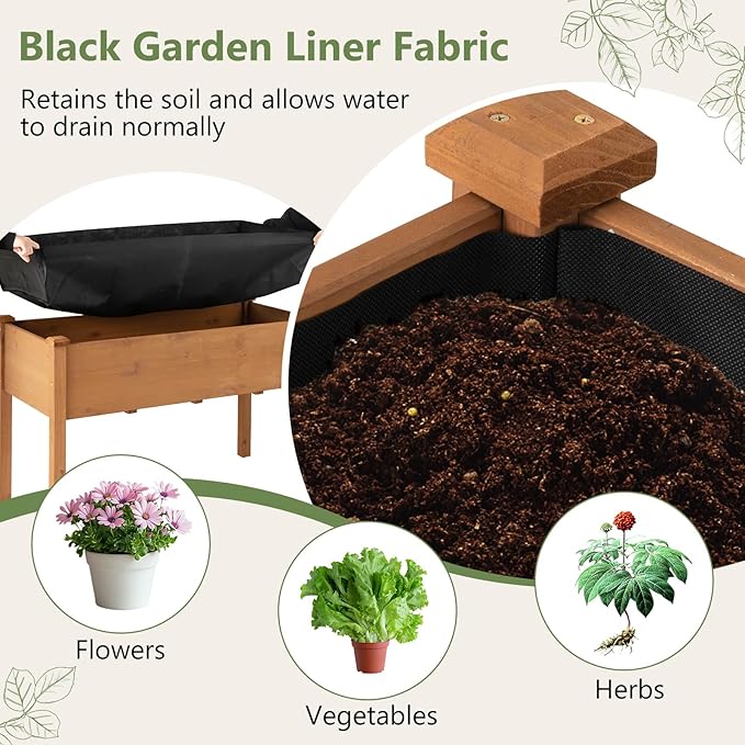 HAPPYGRILL Raised Garden Bed, Outdoor Wood Garden Box w/Legs, Drainage Holes, Black Garden Liner Fabric, Solid Wood Frame, Elevated Planter Box for Backyard Patio Balcony, 49” x 23” x 30” (L x W x H)