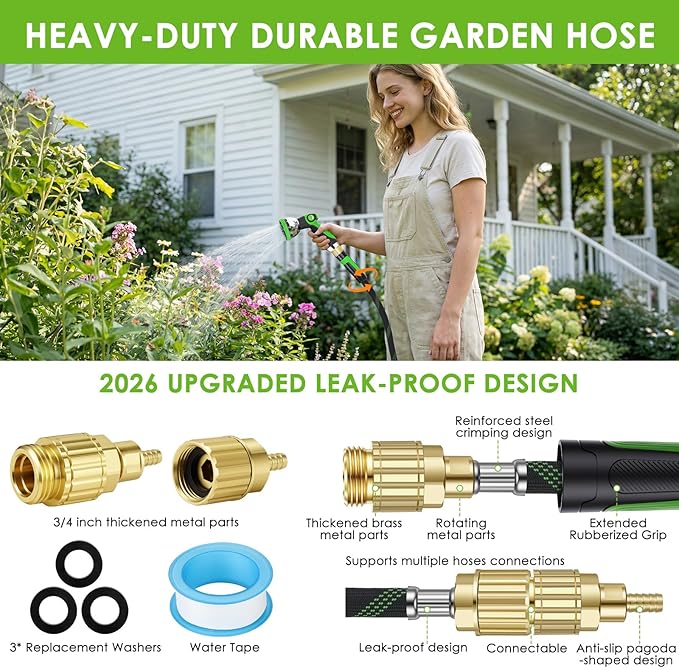 Non-Expanding Garden Hose 100 ft, Lightweight Hose & Flexible Water Hose With 10-Pattern Spray Nozzle, Kink-Free Design, Durable Leakproof Yard Outdoor Hose, Portable Storage Strap, 100 Feet