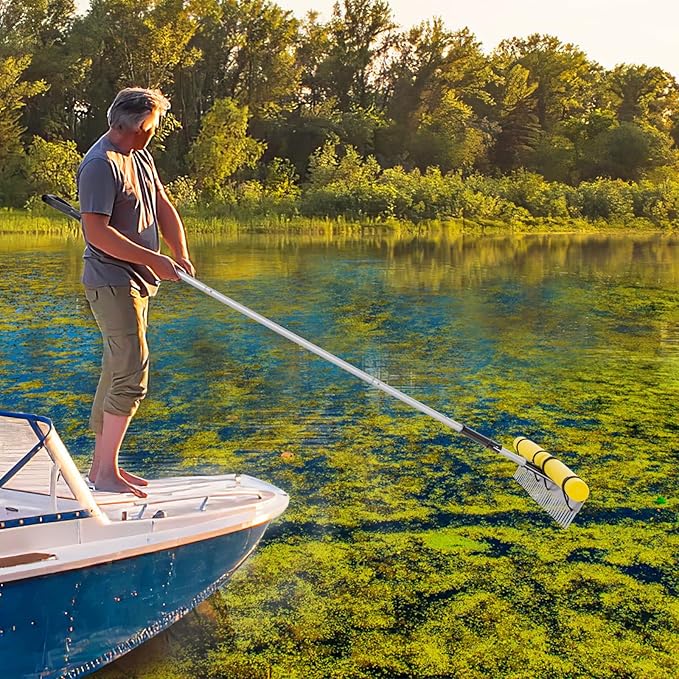 IRONMAX Lake Rake, 36’’ Folding Aluminum Aquatic Weed Rake Weed Cutter with Foam Floats, Extended Handle & Rope, Weed Rake for Algae Removal Plant Cutting