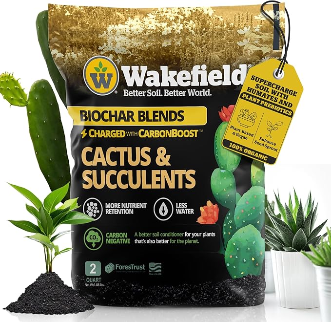 Wakefield Biochar Blend Potting Mix for Cactus & Succulent – Premium Potting Soil Blend with CarbonBoost Technology for Superior Drainage, Moisture Retention & Root Growth – 2 QT Organic Soil Mix
