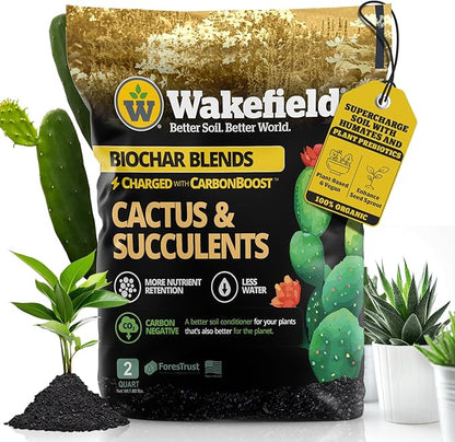 Wakefield Biochar Blend Potting Mix for Cactus & Succulent – Premium Potting Soil Blend with CarbonBoost Technology for Superior Drainage, Moisture Retention & Root Growth – 2 QT Organic Soil Mix