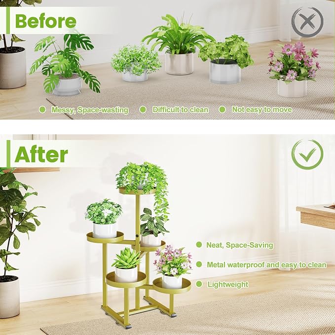 5 Tier Gold Plant Stand Indoor Outdoor, Corner Metal Tiered Plant Shelf for Multiple Plants, Flower Pot Holder Display Rack Shelf for Window Porch Garden Home Decor