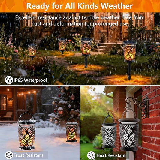 Solar Lanterns Outdoor Waterproof ,2 Pack Flickering Solar Flame Lights Upgraded Hanging Flame Lantern Pathway Torch Light Table Lamp, Auto On/ Off Porch Yard Gifts (1 Lighting Mode)