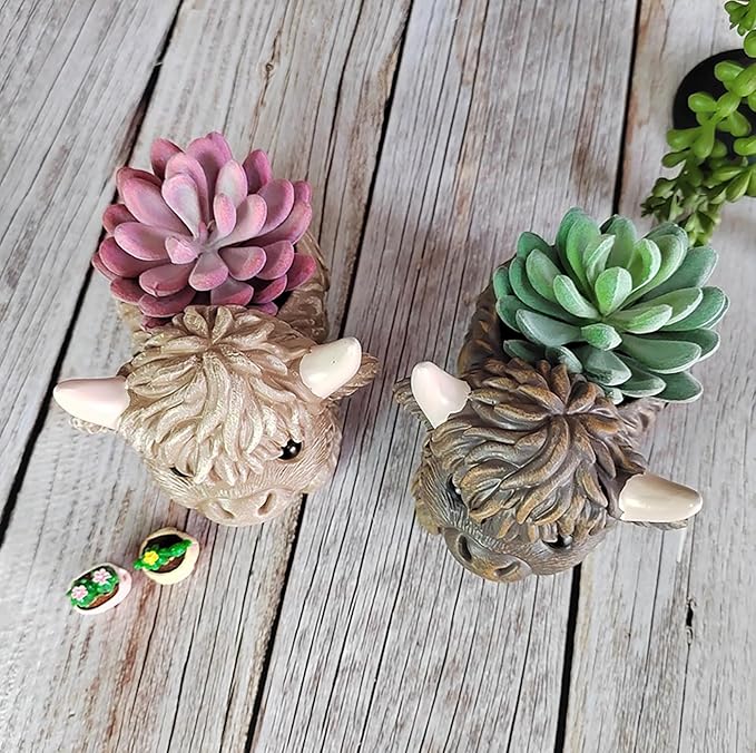 Resin Highland Cow Figurines Succulent Planters Cactus Pot Animal Flower Container Cute Scottish Highland Cow Decor Flower Pot Plants Holder Figurine Decor Calf Statues Gift for Cow Lovers (C, 1PCS)