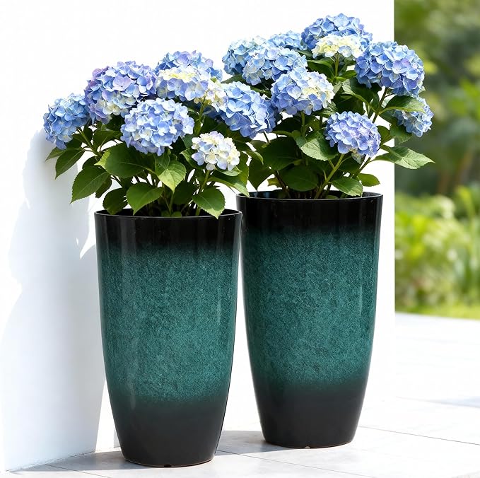23.8" Tall Outdoor Planters Set of 2, Ceramic-Look Large Flower Pots for Indoor Outdoor Plants, All Seasons for Porch, Balcony, Garden, Patio or Home Art Decor, Gradient Turquoise Finish