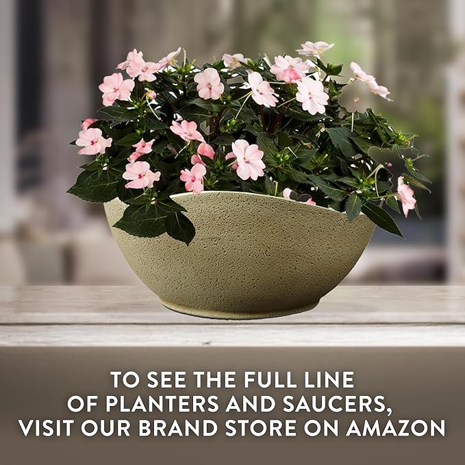Classic Home and Garden Arc Unique Planter Bowl w/Drain Plug - UV Resistant Shallow Planter - Modern Plant Pot for Herbs (12” Stone)