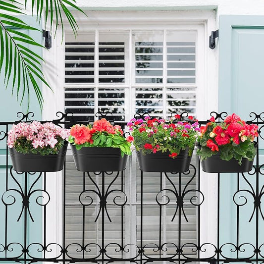 MADHOLLY Railing Planter with Drainage Holes - Sturdy Bucket Pots for Railing Fence, Countryside Style Metal Flower Pots for Herbs Balcony Garden Yard Decor, 4Pcs, Black