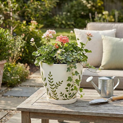 Ceramic Pot for Plants 8.2 Inch - Indoor Plant Pot with Drainage Hole and Saucer, Decorative Boho Round Outdoor Planter, Gardening Gifts for Women Men, Room Patio Office Home Decor, White
