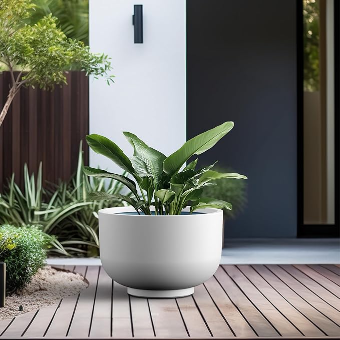 Kante 17.7 Inch Dia Concrete Bowl Planter, Large Tapered Bottom Plant Pot with Drainage, Smooth White Finish with Painted Interior, Ideal for Porch, Home, Garden, Patio