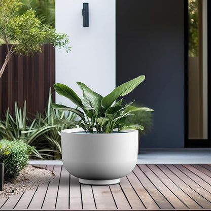 Kante 17.7 Inch Dia Concrete Bowl Planter, Large Tapered Bottom Plant Pot with Drainage, Smooth White Finish with Painted Interior, Ideal for Porch, Home, Garden, Patio