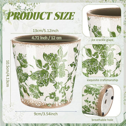 Farmhouse Ceramic Planter 5.1 Inch Large Plants Pot Crack Beige Green Floral Vine Plant Pots with Drainage Hole Indoor Plants Kitchen Rustic Antique Decor Gift