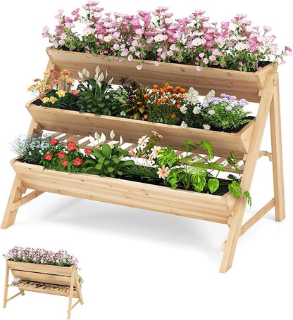 3-Tier Raised Garden Bed, Vertical Garden Planter w/Storage Shelf, Bed Liner & 2 Side Hooks, Wood Elevated Planter Box Outdoor for Plants Vegetables Flowers Herbs,Natural