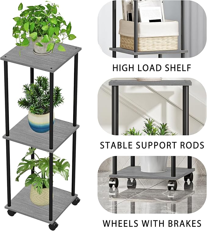 3 Tier Tall Plant Stand Indoor with Wheels, Movable Plant Shelf Metal Wood Multiple, Flower Pot Holder for Living Room Office Balcony Patio, Oak Grey