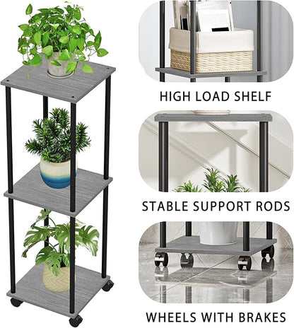 3 Tier Tall Plant Stand Indoor with Wheels, Movable Plant Shelf Metal Wood Multiple, Flower Pot Holder for Living Room Office Balcony Patio, Oak Grey
