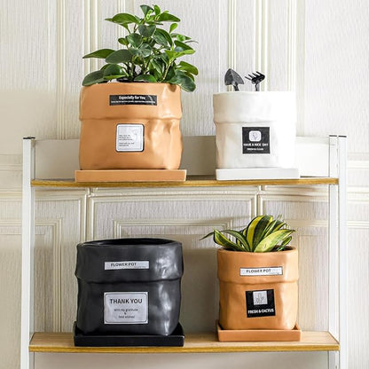Nihow Ceramic Plant Pot: 6 Inch Planter with Drainage Hole & Square Saucer for Herbs/Plants, Bag Shape Design Flower Pot for Indoor & Outdoor Garden Decor - Black