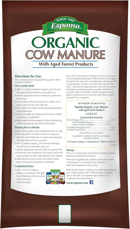 Espoma Organic Cow Manure with Aged Forest Products - 1 Cubic Foot Bag. Soil Amendment & Fertilizer for use When Planting Vegetables, Flowers, Trees & Shrubs.