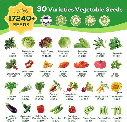 30 Heirloom Vegetable Seeds for Planting- 17,240+ Non-GMO Seeds for Planting, Individually Packeted for Indoor/Outdoor Gardens & Continuous Harvest