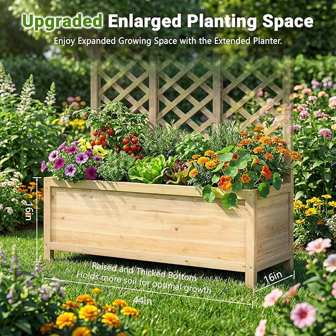 DoCred Raised Garden Bed with Trellis, 44" L x 16" W x 59" H Freestanding Elevated Planter Box for Climbing Plants, Outdoor Wooden Privacy Screen with Garden Box for Backyard Patio Balcony Decor