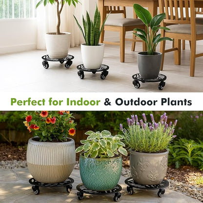 Planterhoma 2 Packs 16 Inch Extra-Large Metal Plant Caddy with Wheels - Heavy-Duty Iron Rolling Plant Stand - 360 Locking Wheels - Indoor/Outdoor - Black