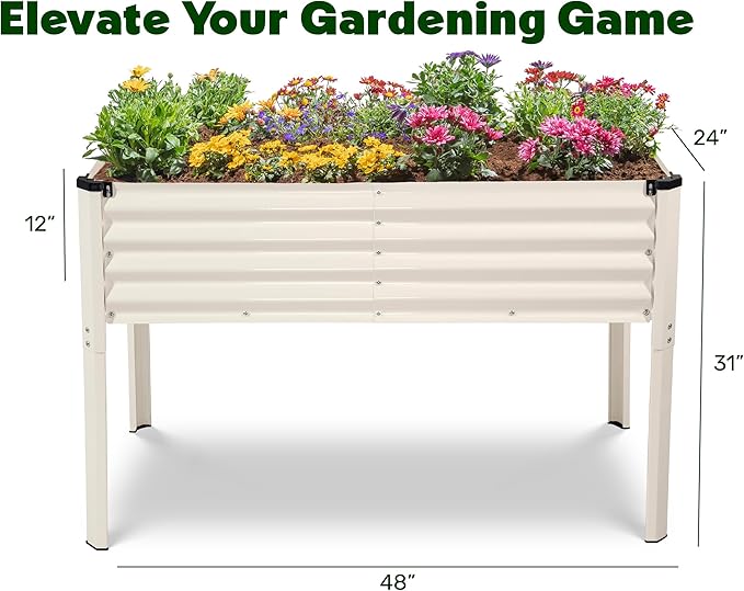 Galvanized Raised Garden Beds Outdoor with Legs // 48×24×31in Elevated Planter Box for Vegetables, Flowers (White) // Large Metal Garden Bed for Backyard Patio Gardening